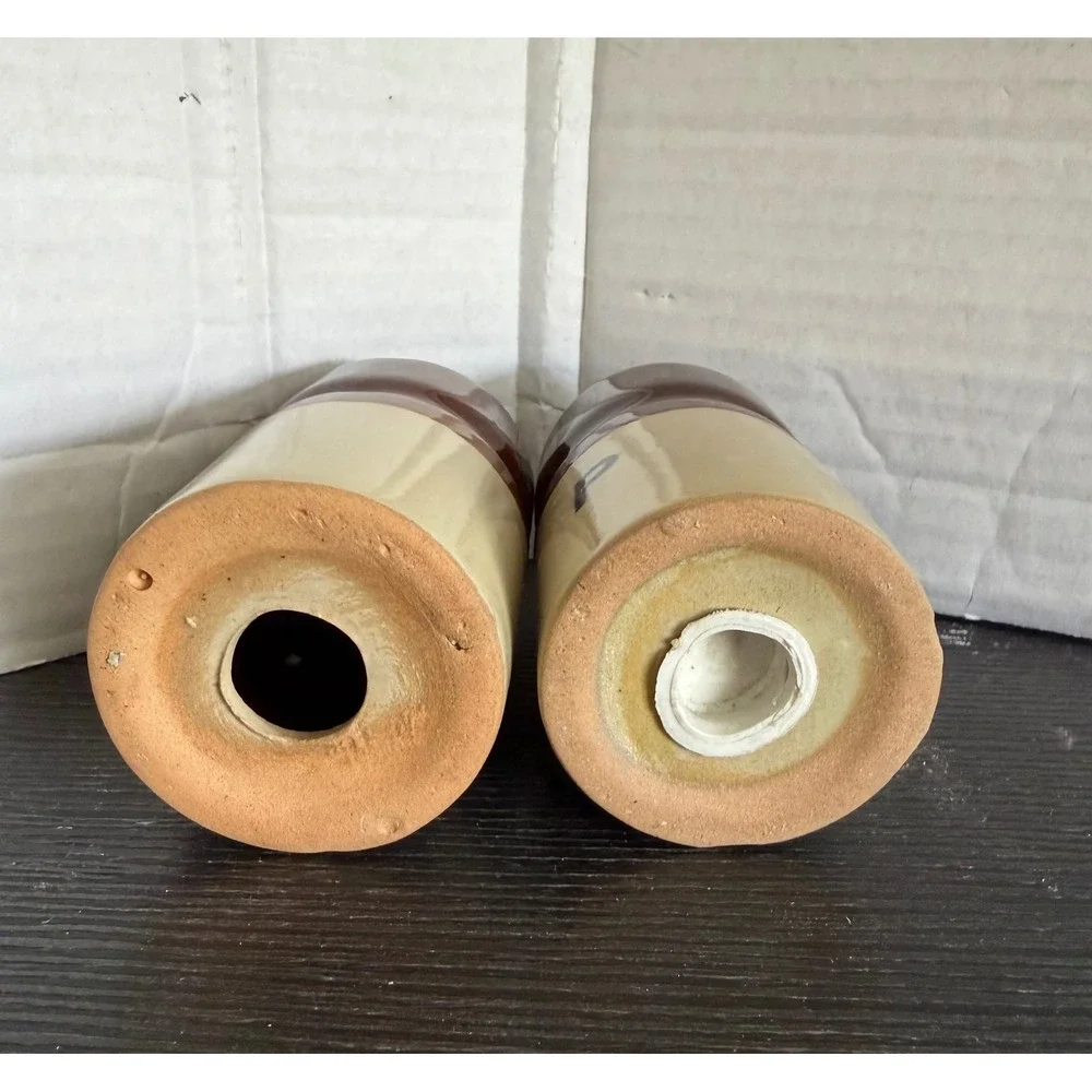 Vintage Two Tone Brown Tan Stoneware Salt and Pepper Shakers Farmhouse Ceramic